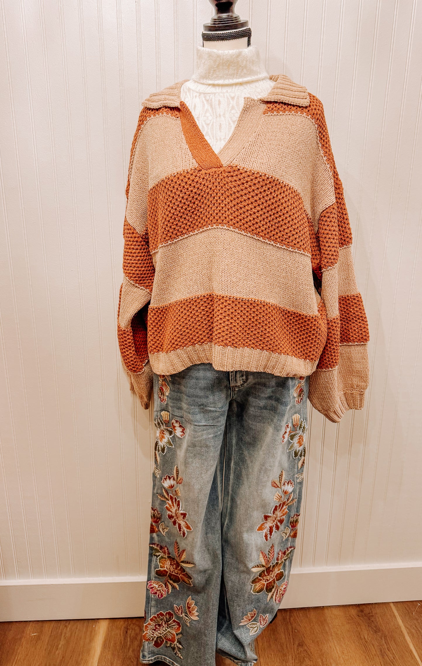 Miss Me crocheted stripe sweater with collar.
