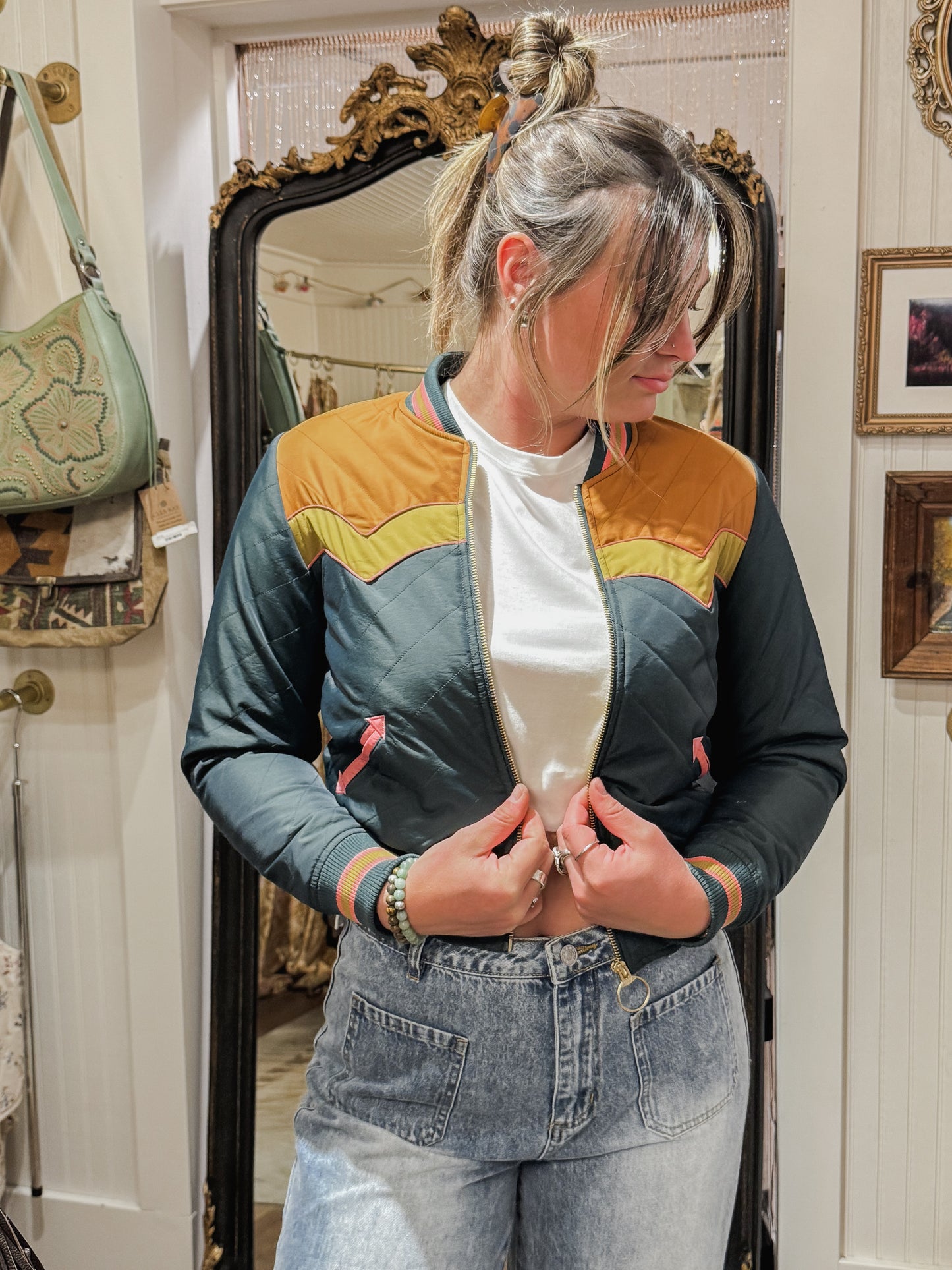 Classic Rock Couture bomber jacket in emerald.