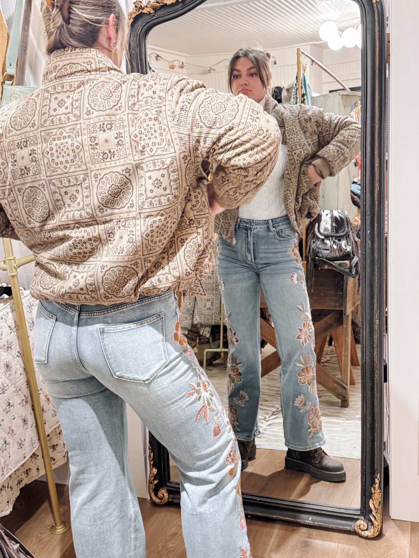Miss Me Paisley print corduroy puffer jacket beige