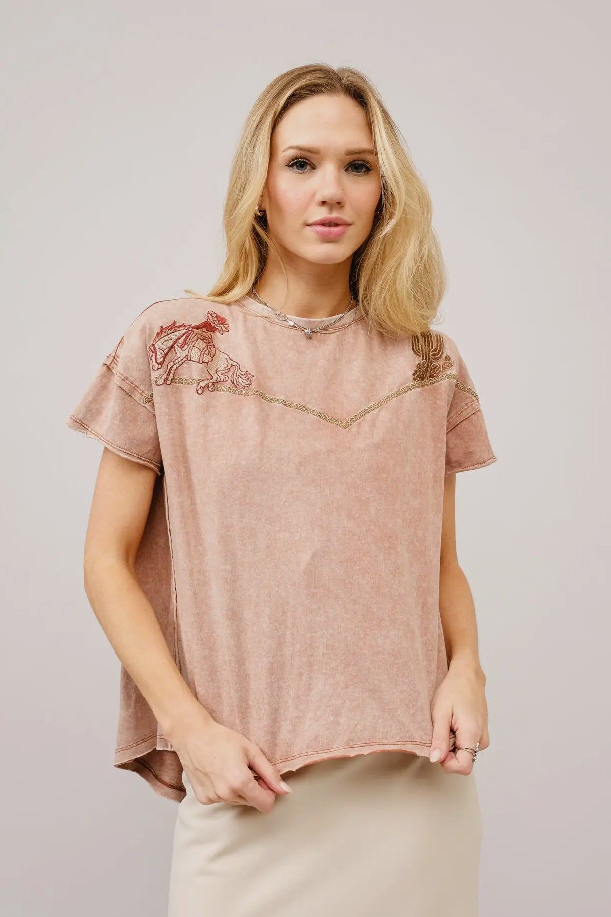 Embroidered shoulder western yoke T shirt