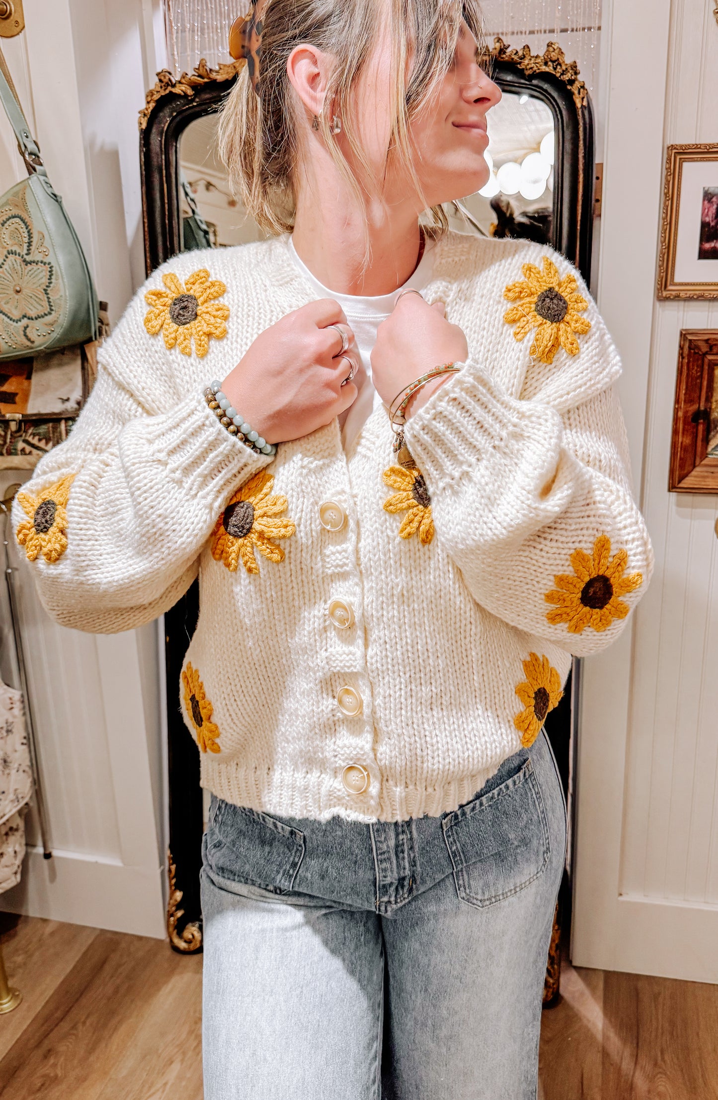 Sunflower embroidered V-neck cardigan.