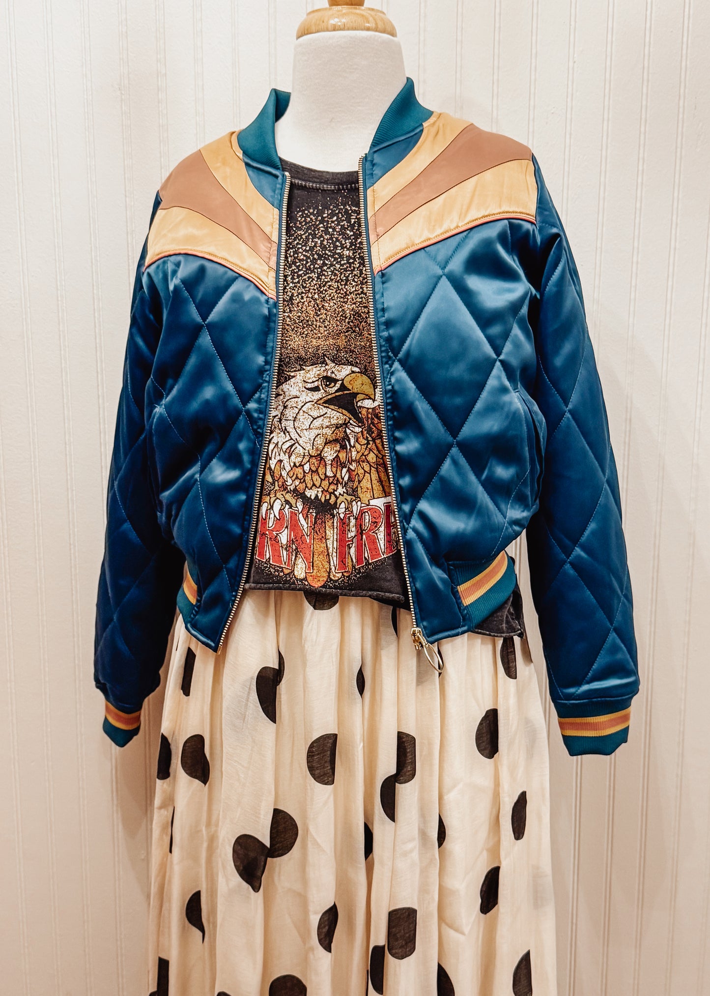 Classic Rock Couture bomber jacket in peacock teal.
