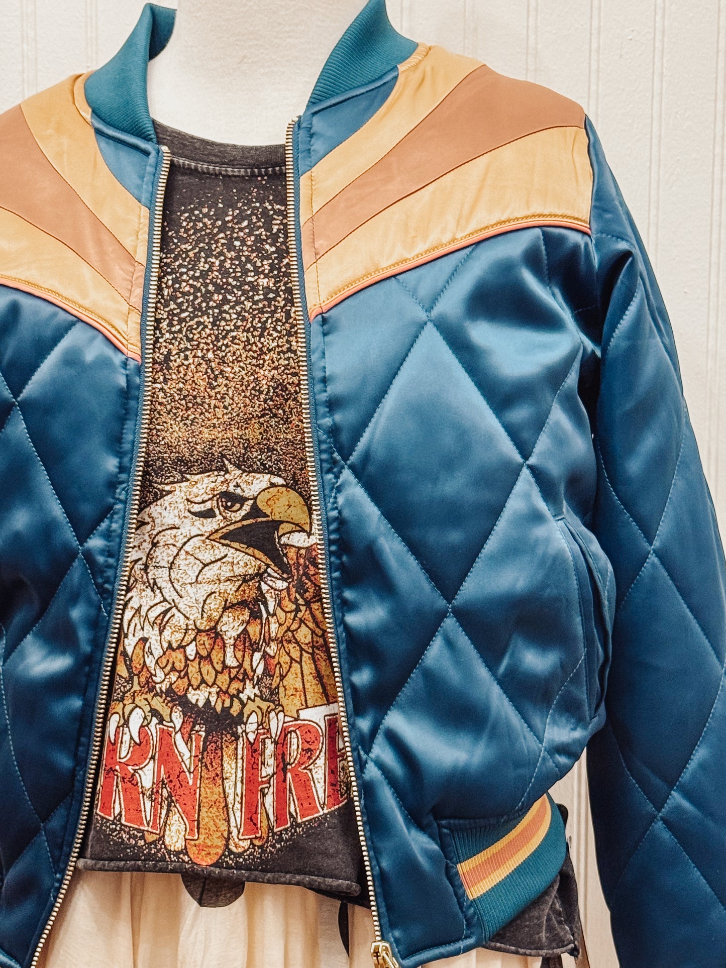 Classic Rock Couture bomber jacket in peacock teal.