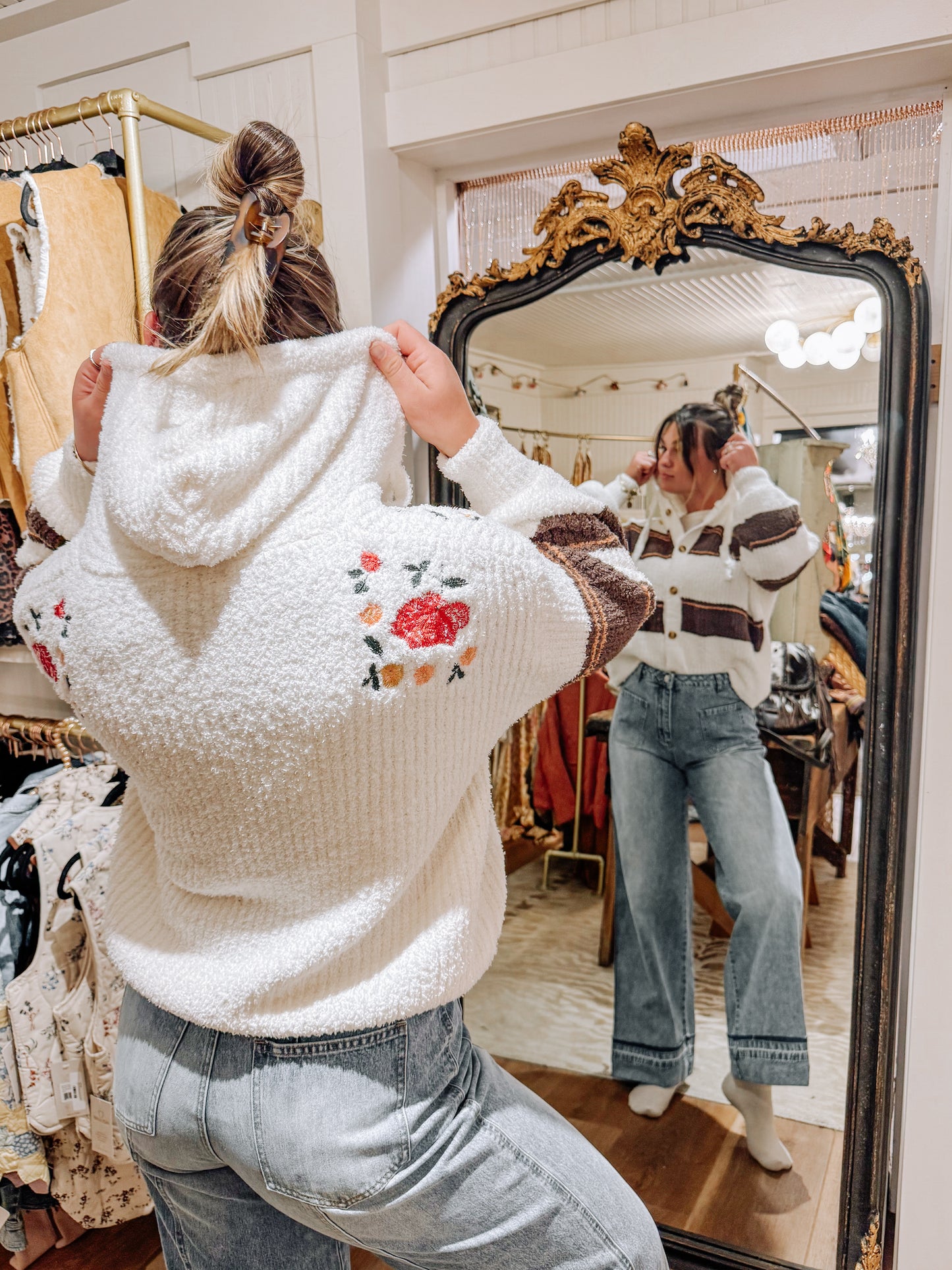 Floral embroidery patchwork cardigan.