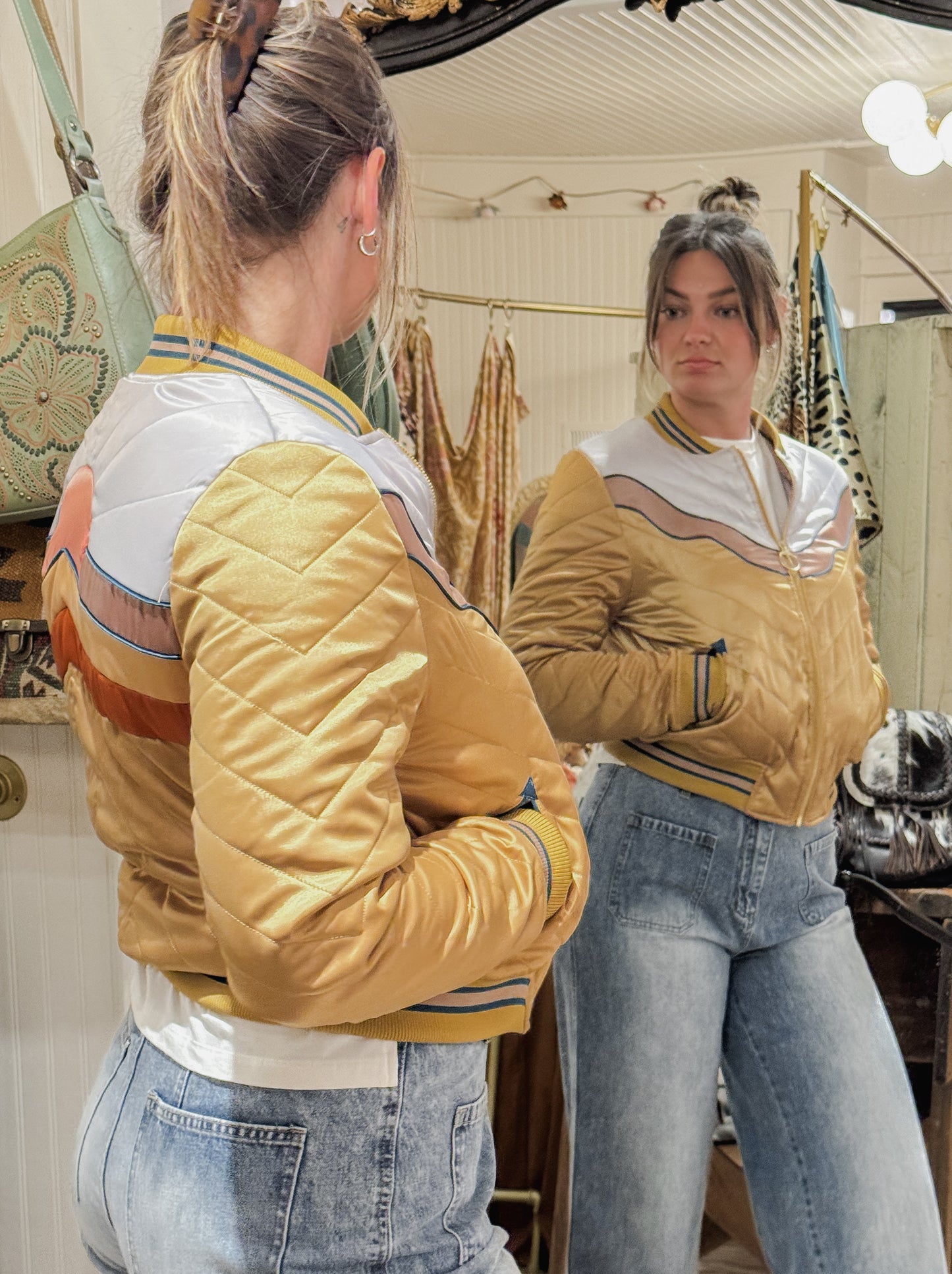 Classic Rock Couture bomber jacket in mustard.