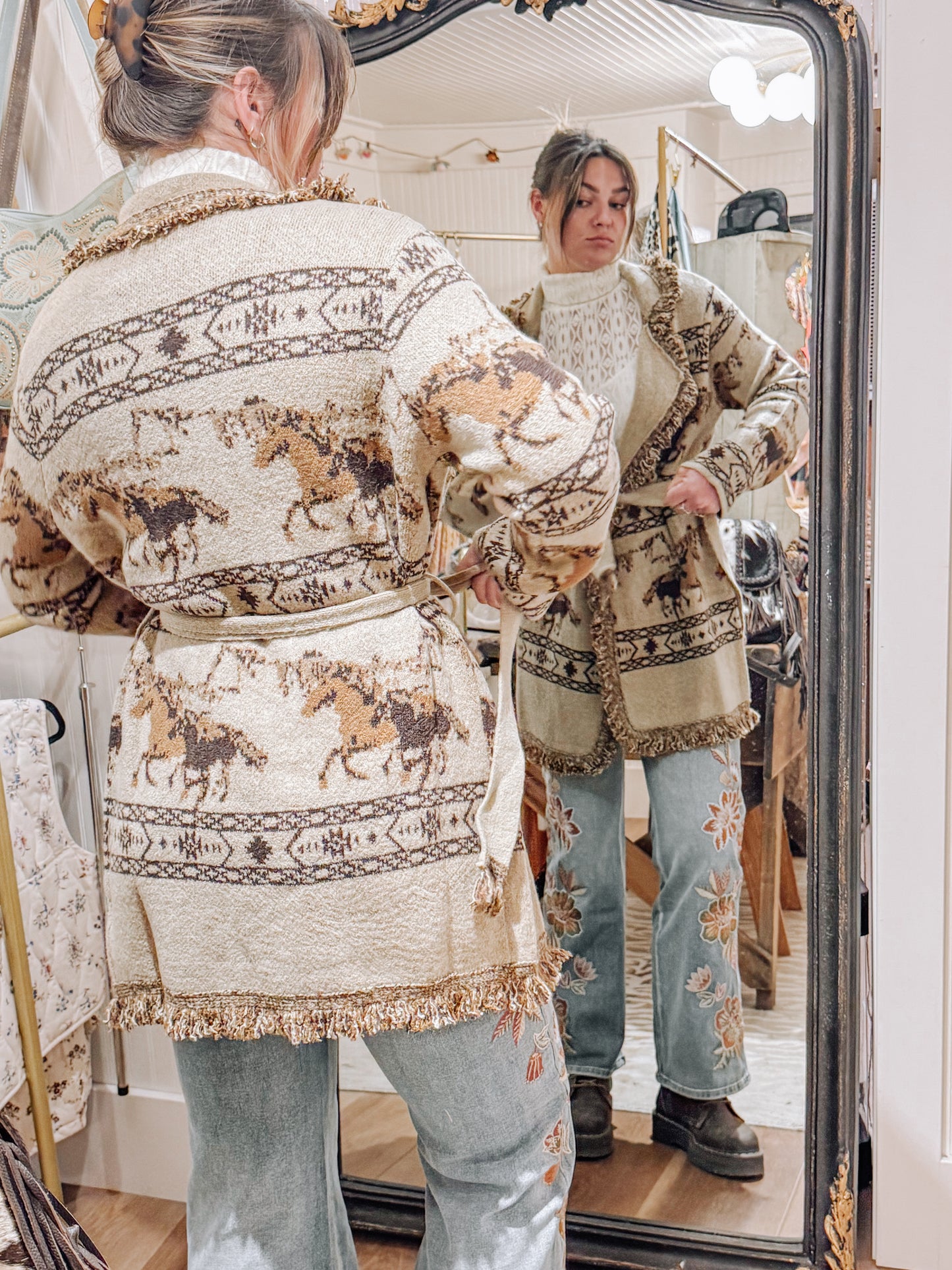 Miss Me patterned sweater jacket with lapel.