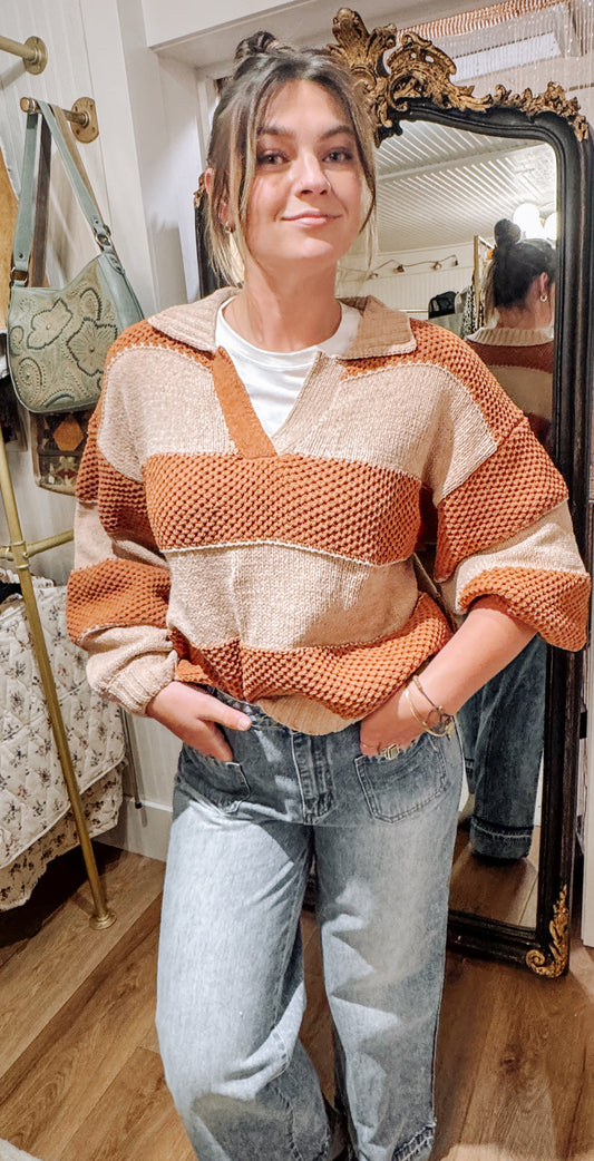 Miss Me crocheted stripe sweater with collar.