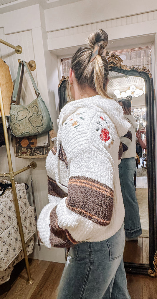 Floral embroidery patchwork cardigan.