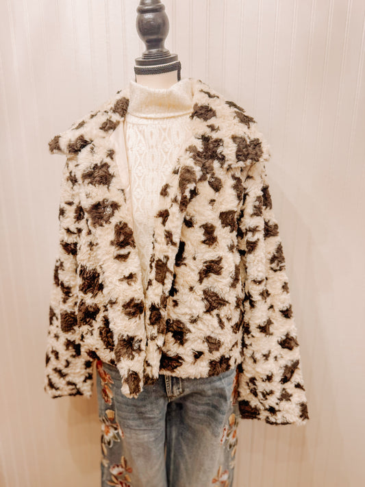 Miss Me cow print faux fur cropped jacket