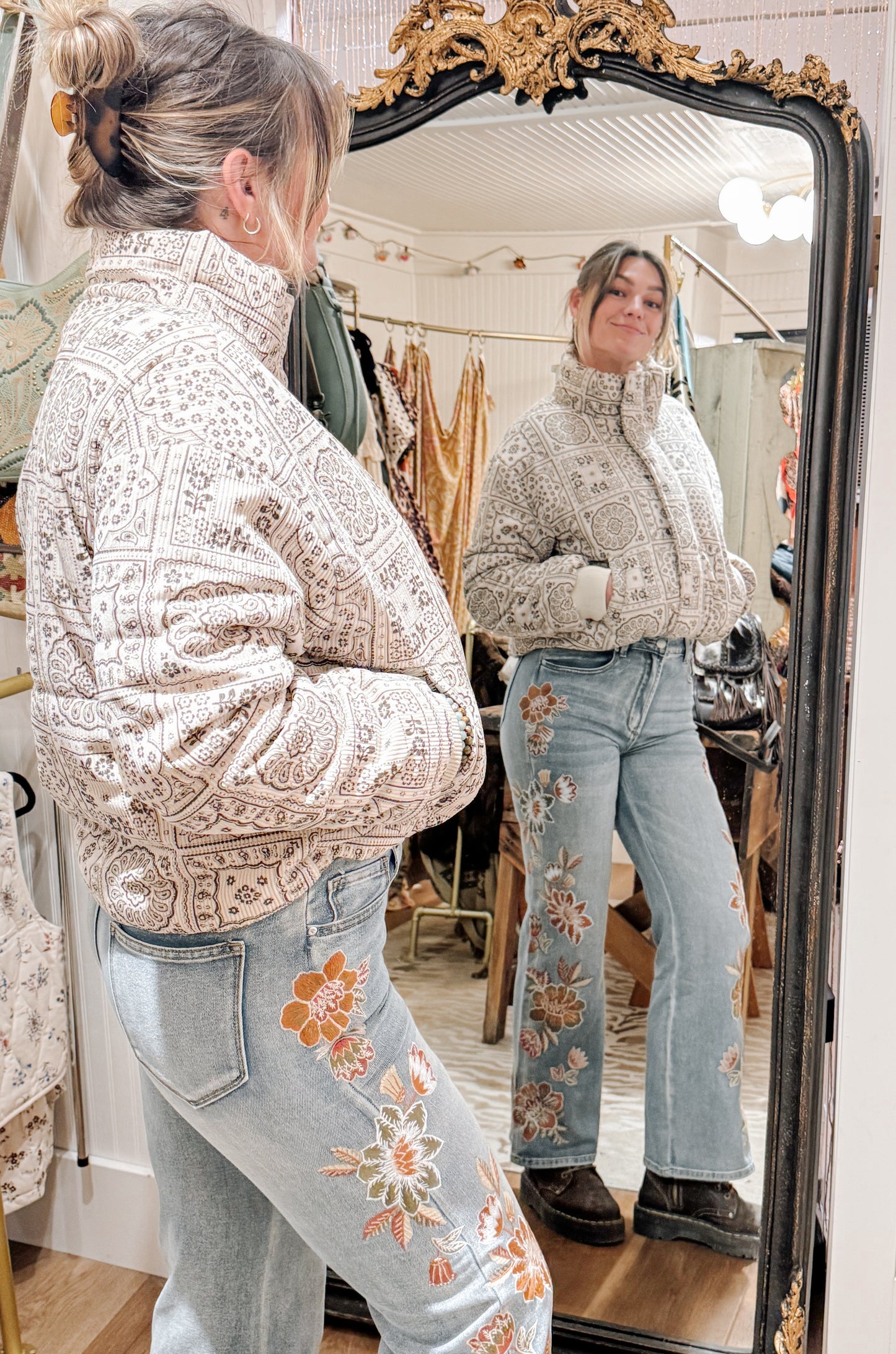 Miss Me Paisley print corduroy puffer jacket in cream.