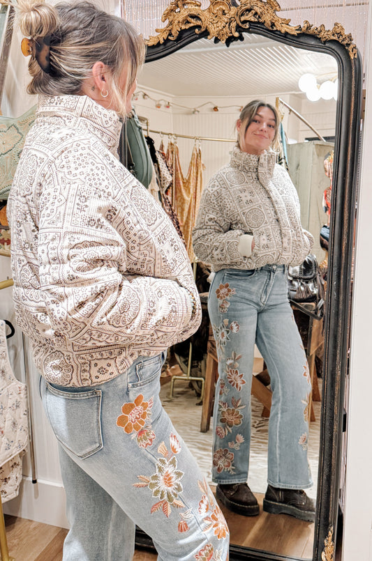 Miss Me Paisley print corduroy puffer jacket in cream.