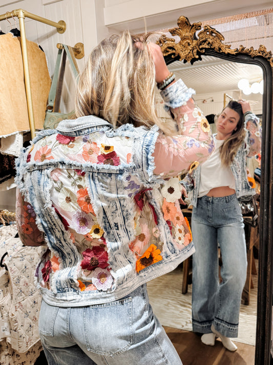 Denim and lace embroidered jacket.