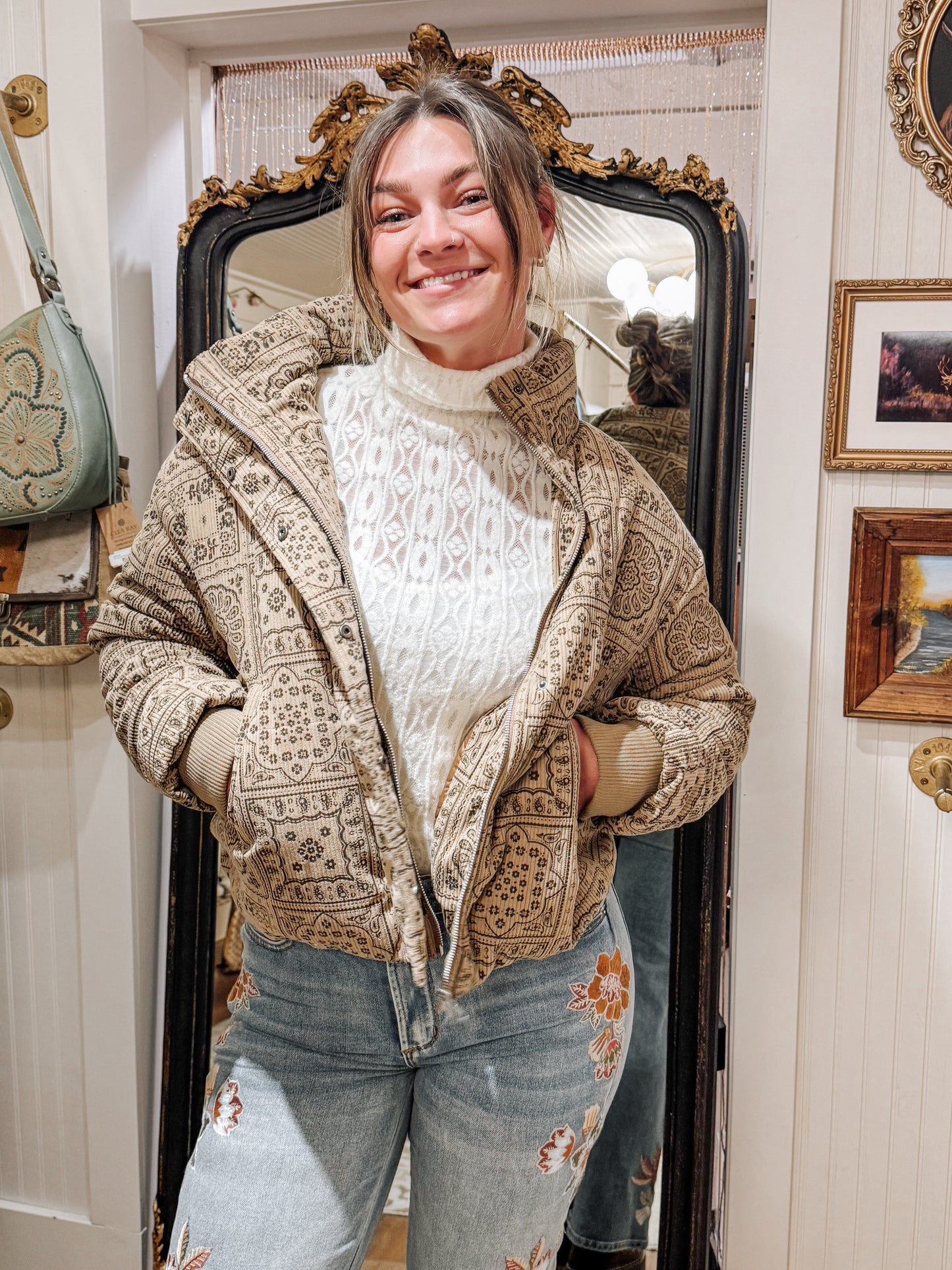 Miss Me Paisley print corduroy puffer jacket beige