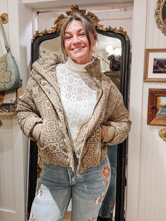 Miss Me Paisley print corduroy puffer jacket beige