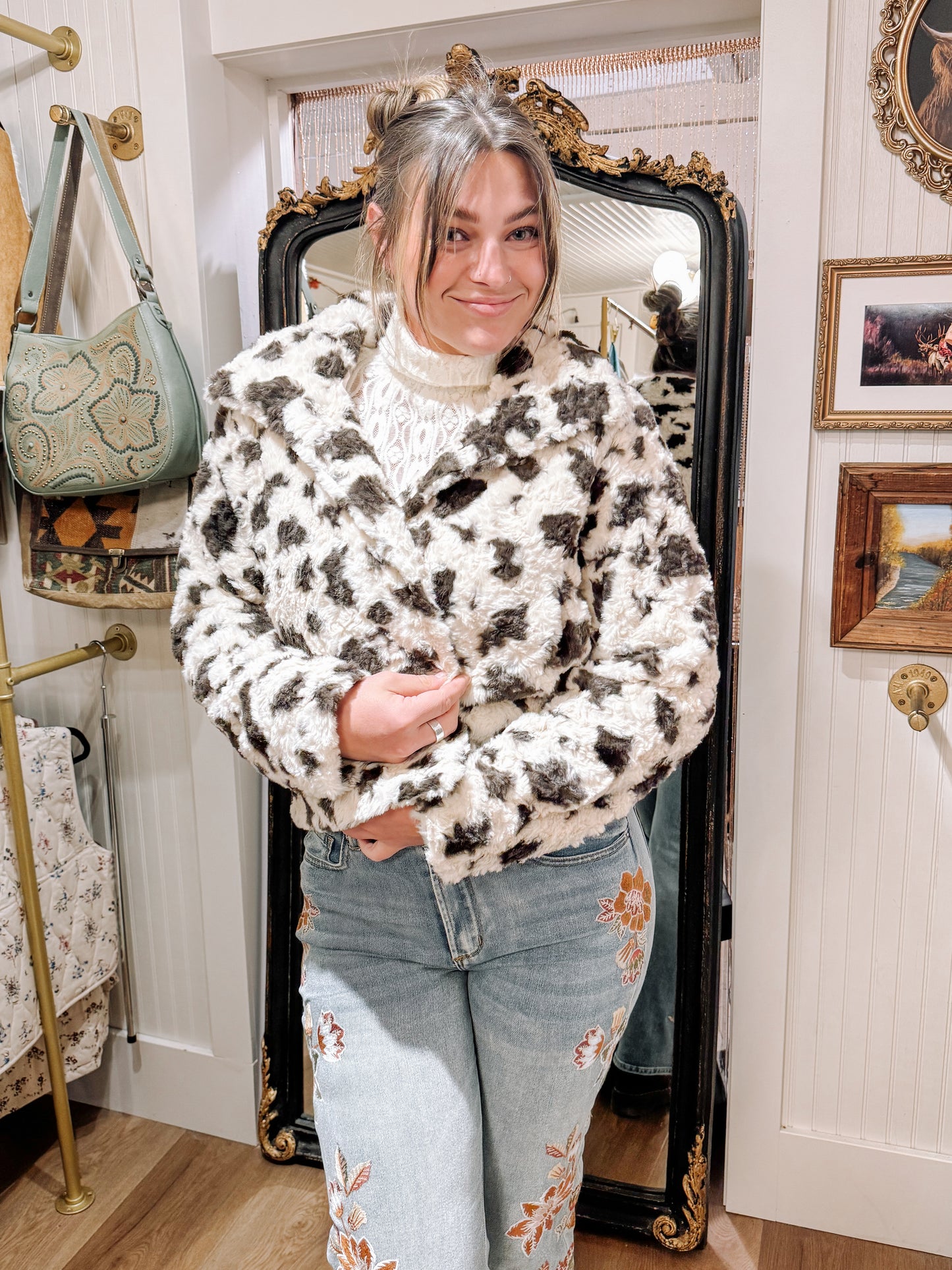 Miss Me cow print faux fur cropped jacket