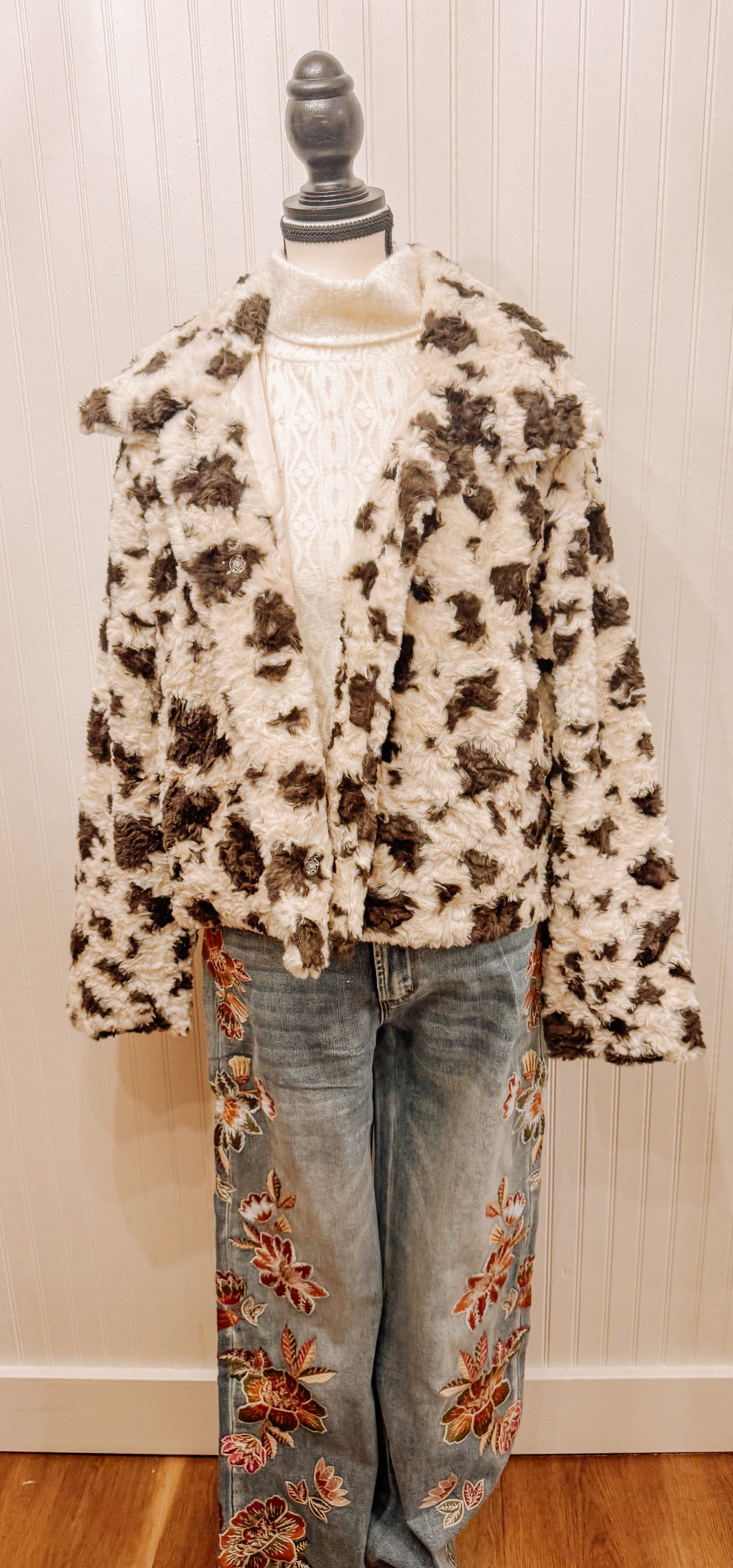 Miss Me cow print faux fur cropped jacket