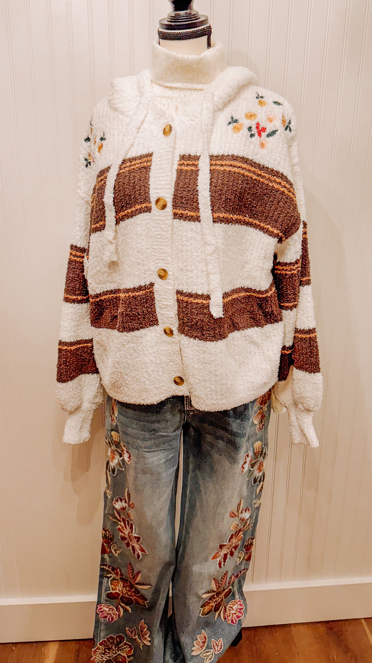 Floral embroidery patchwork cardigan.