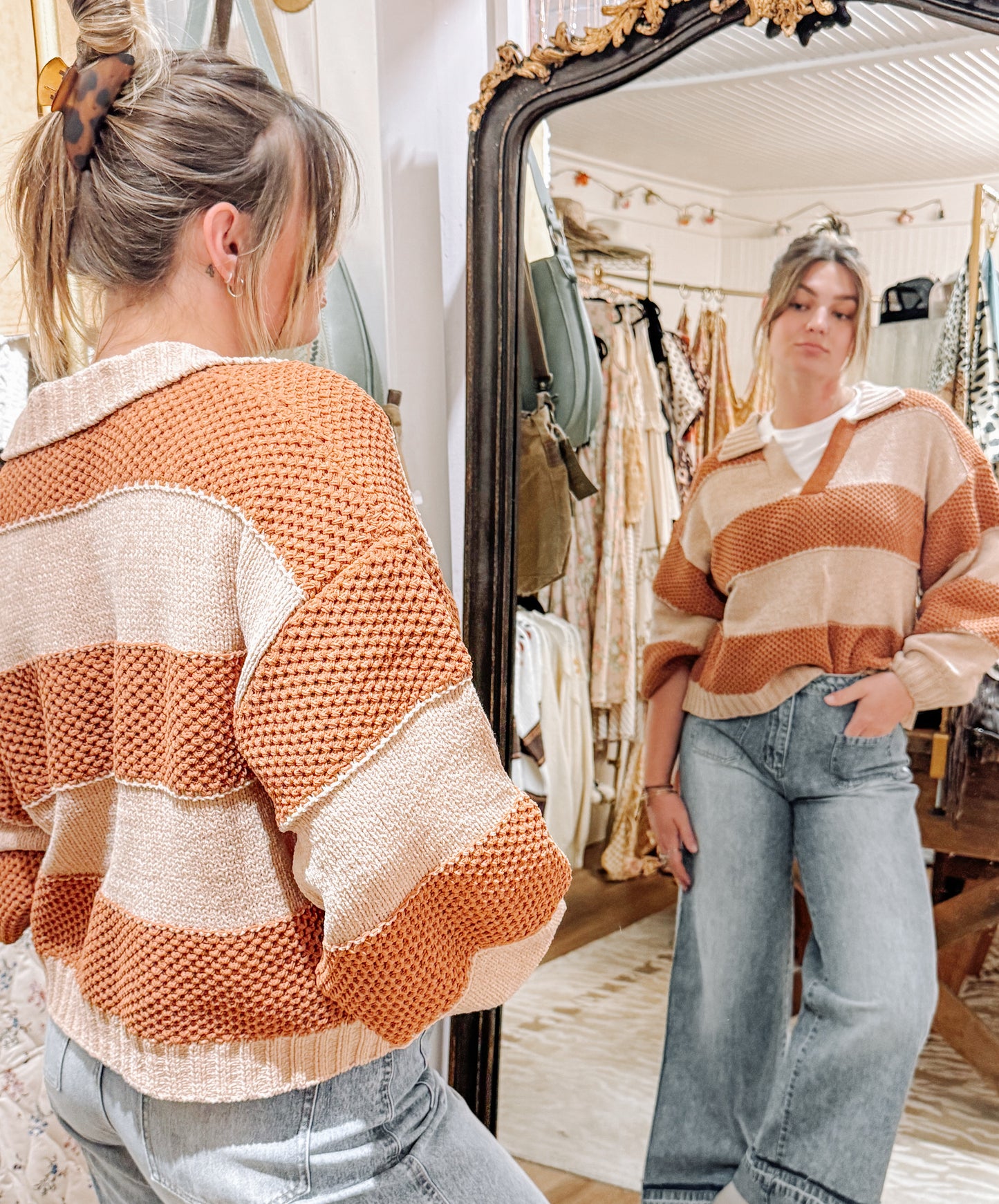Miss Me crocheted stripe sweater with collar.