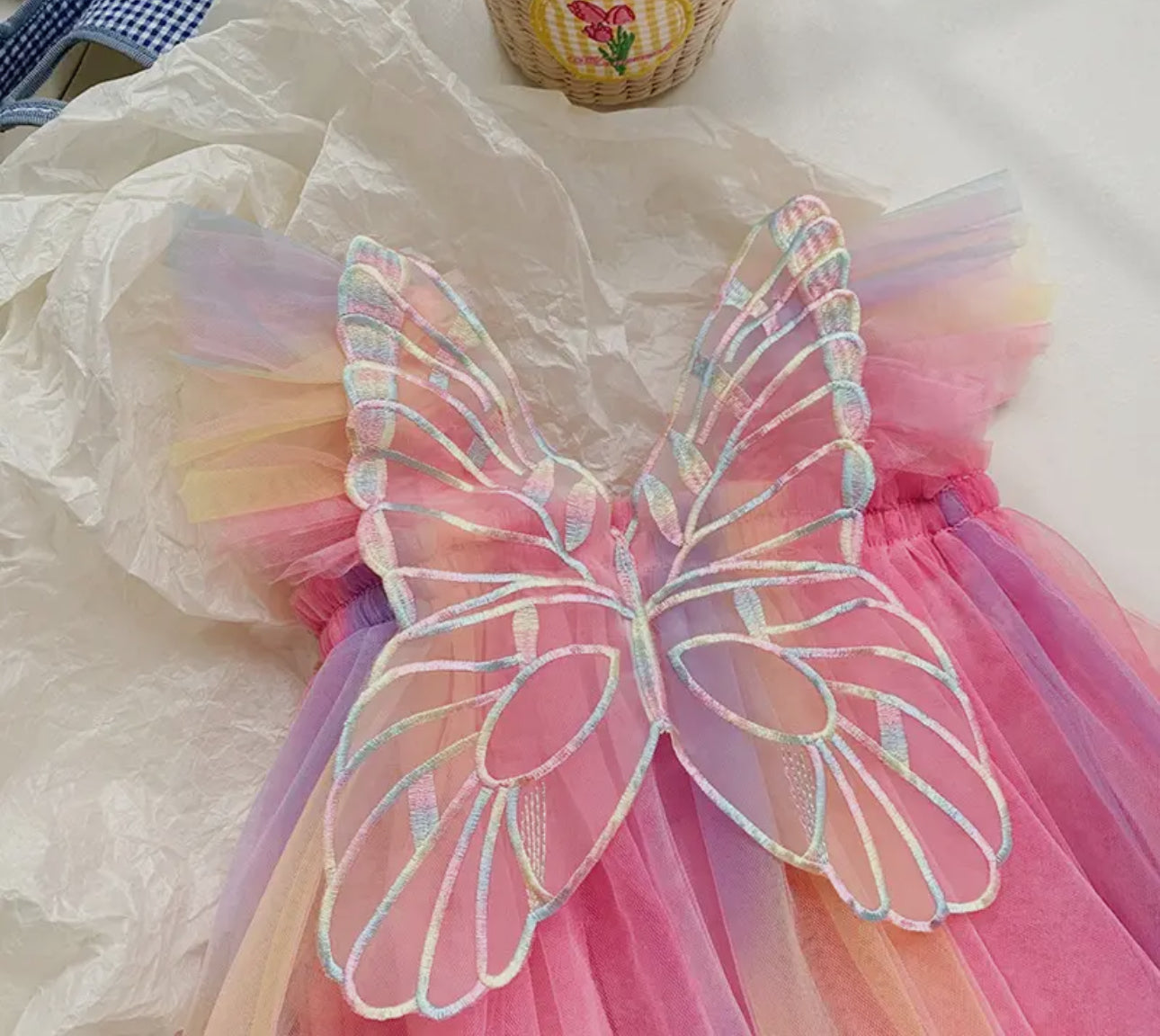 Rainbow butterfly wings with flutter sleeves dress, size 2-3 year