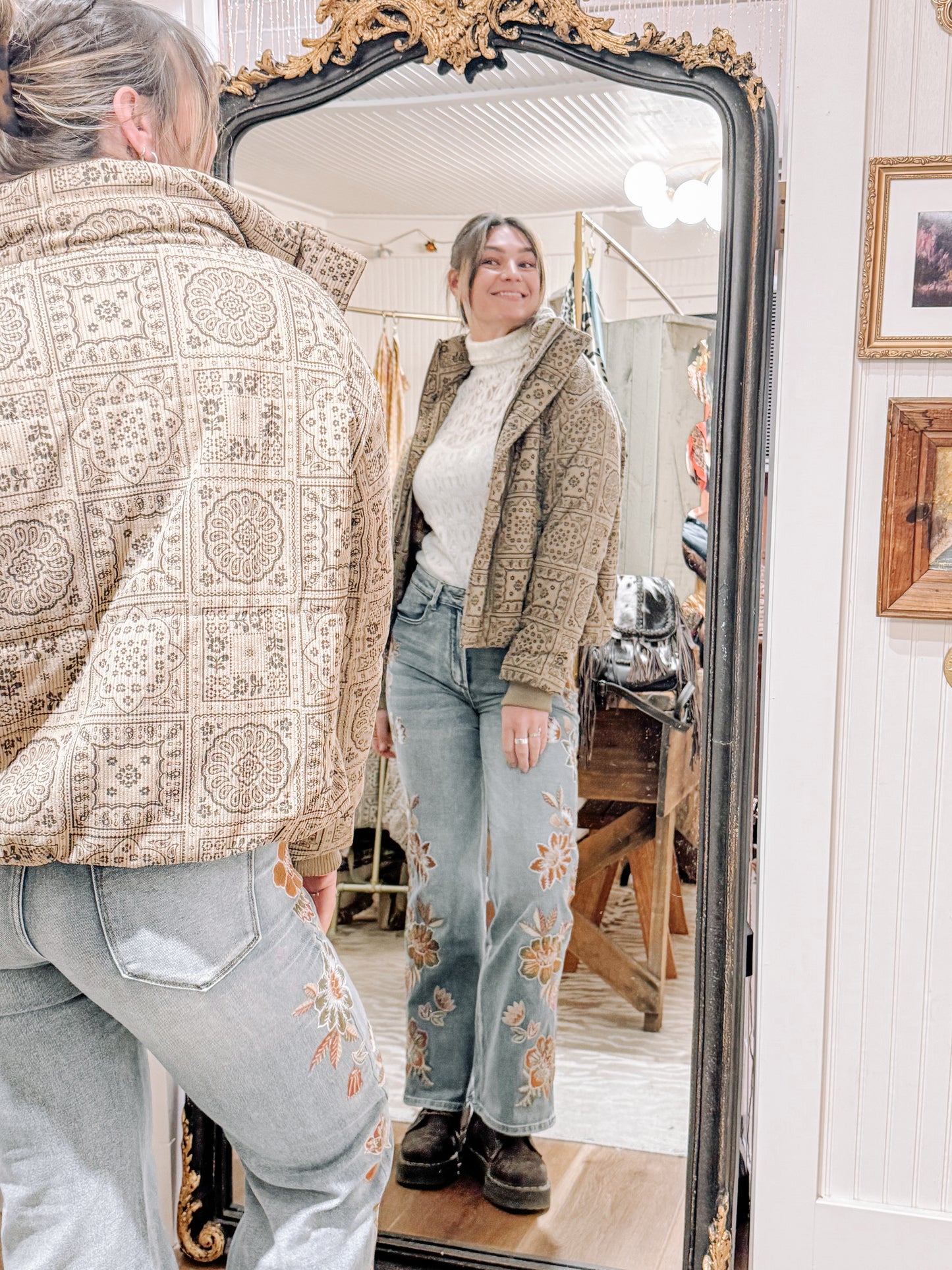 Miss Me Paisley print corduroy puffer jacket beige