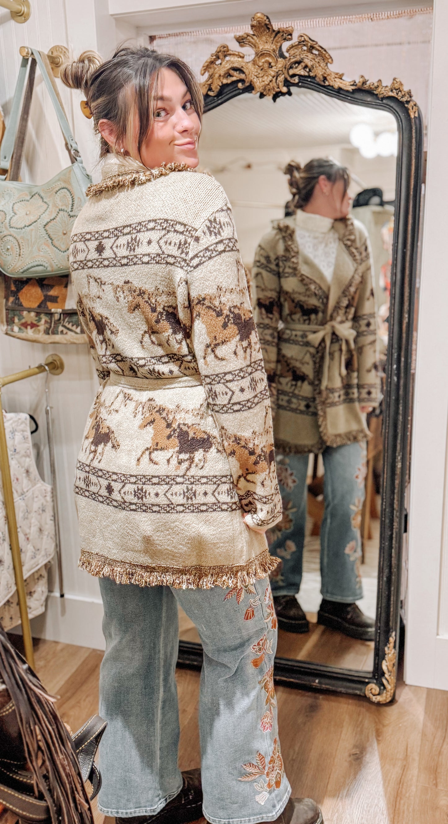 Miss Me patterned sweater jacket with lapel.
