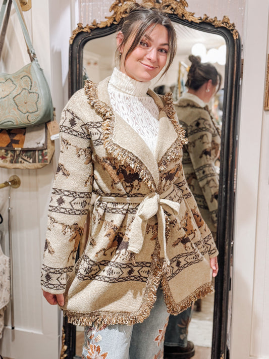 Miss Me patterned sweater jacket with lapel.