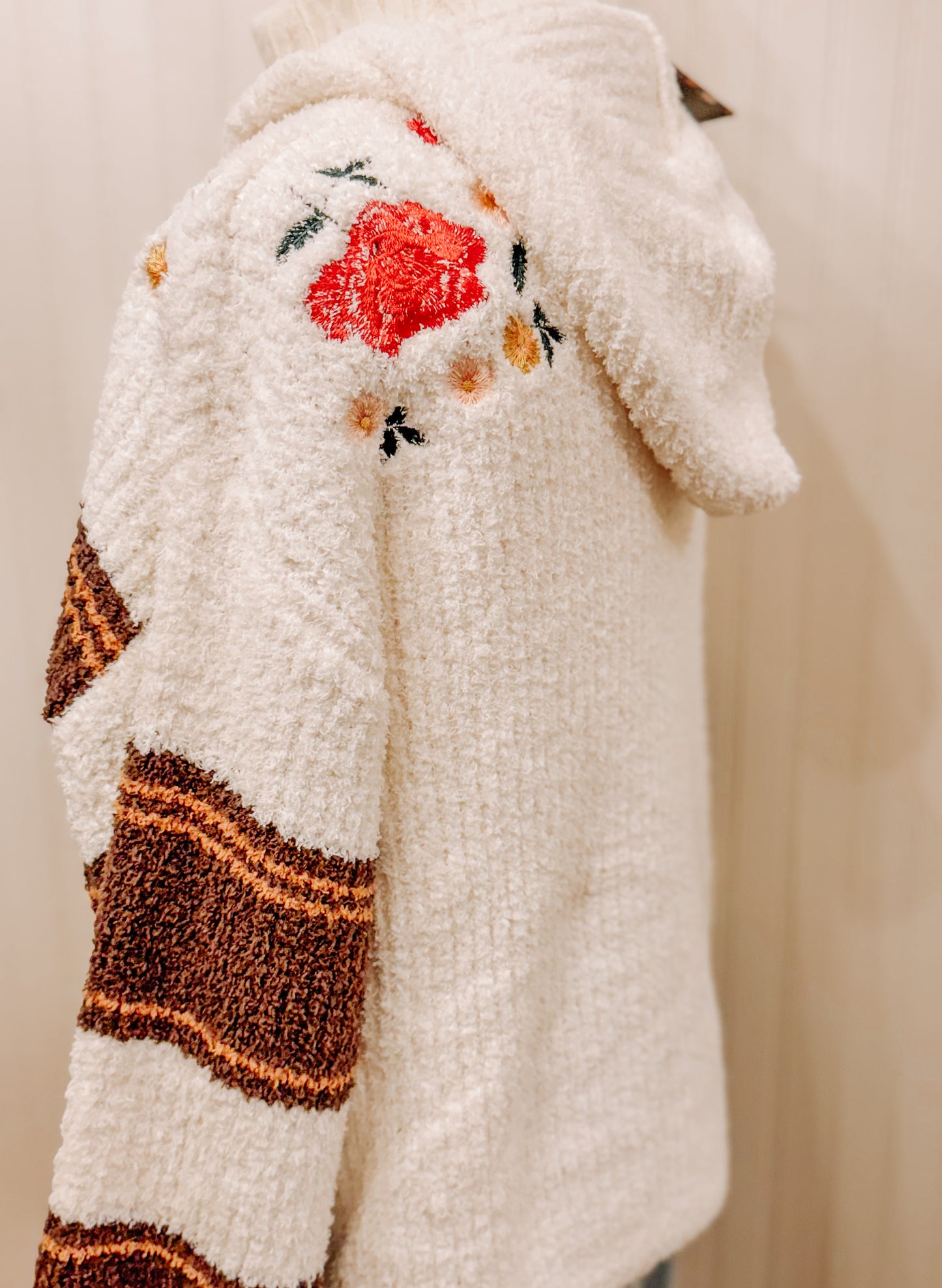 Floral embroidery patchwork cardigan.