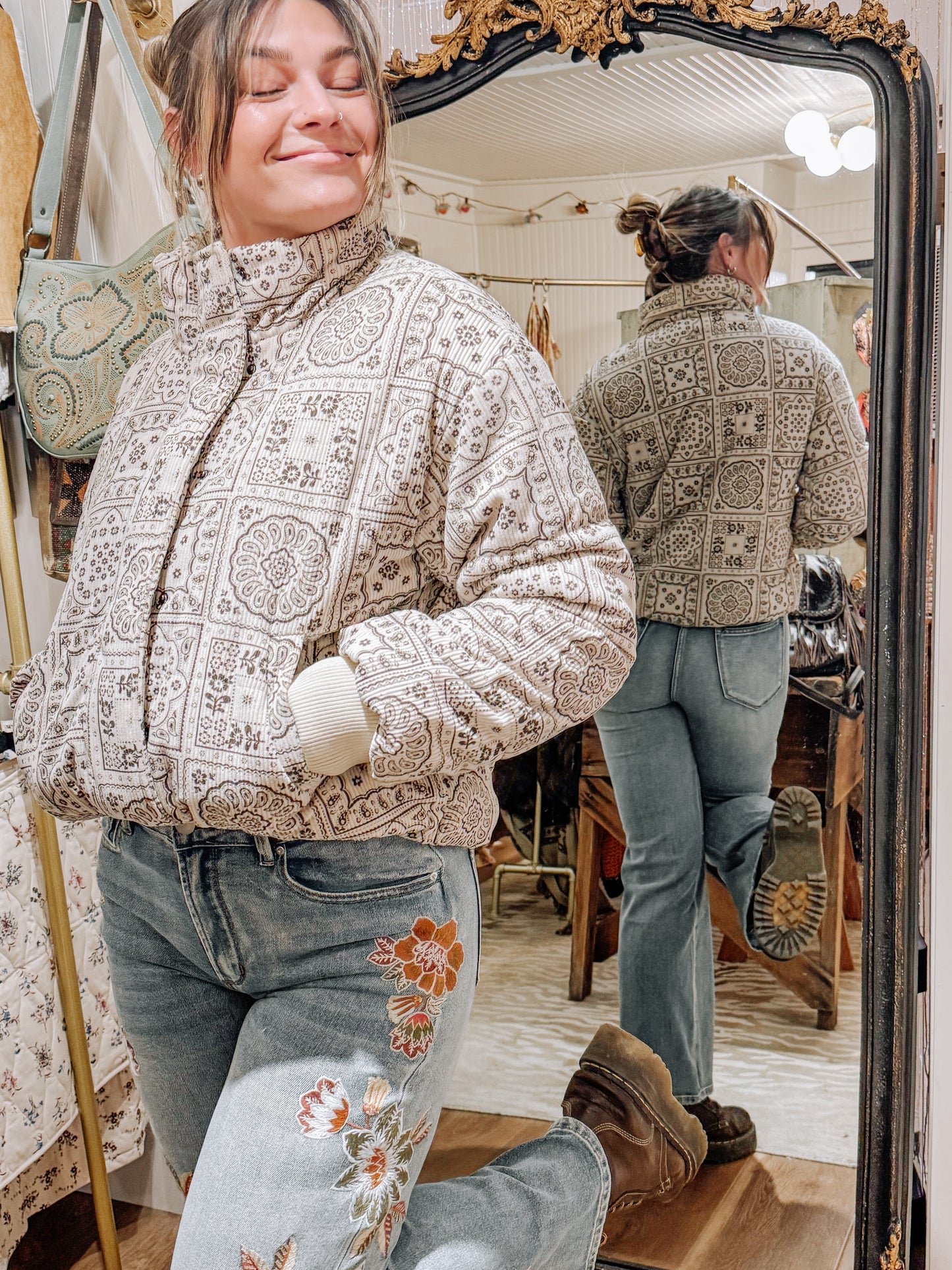 Miss Me Paisley print corduroy puffer jacket in cream.