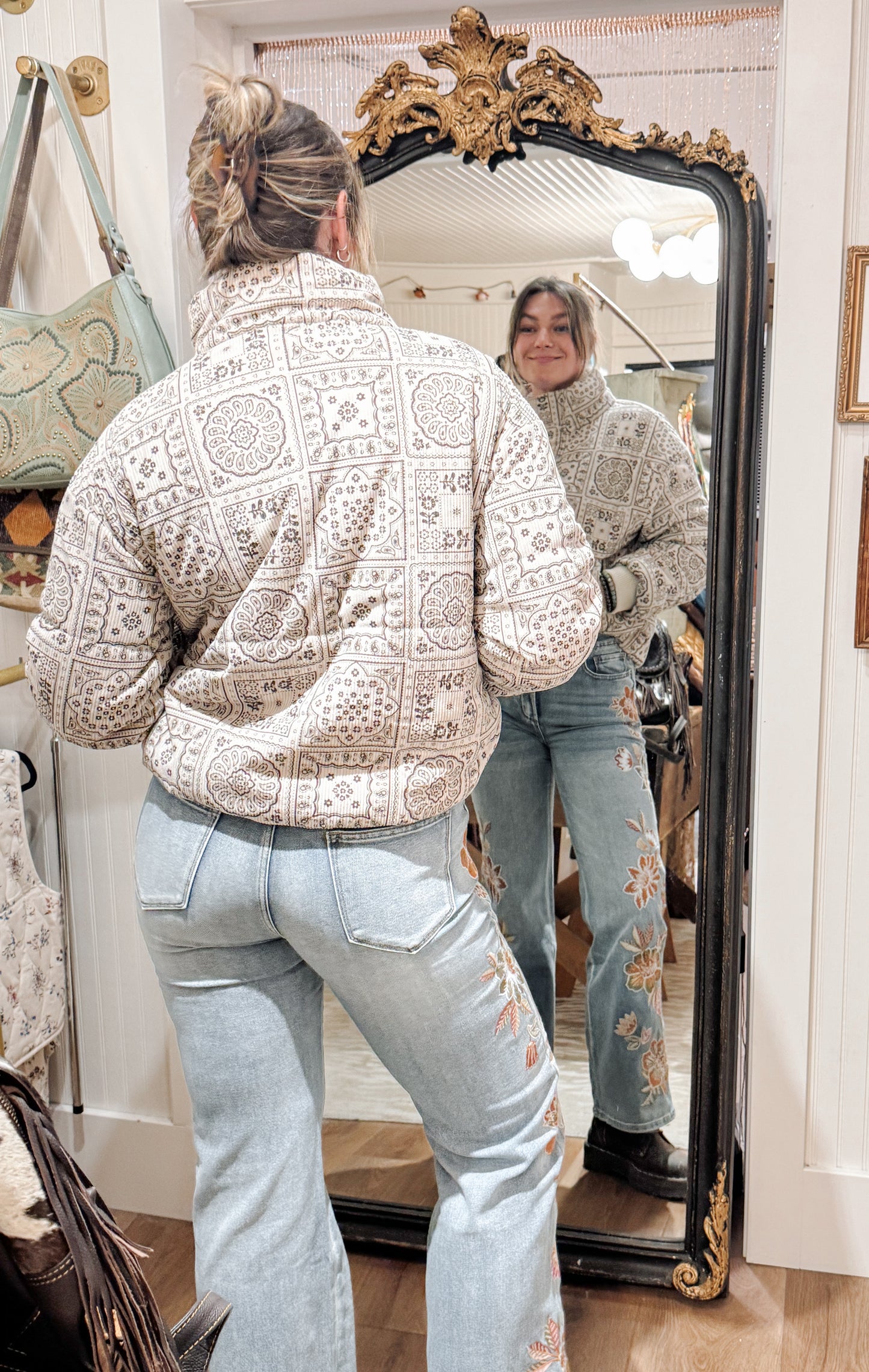 Miss Me Paisley print corduroy puffer jacket in cream.