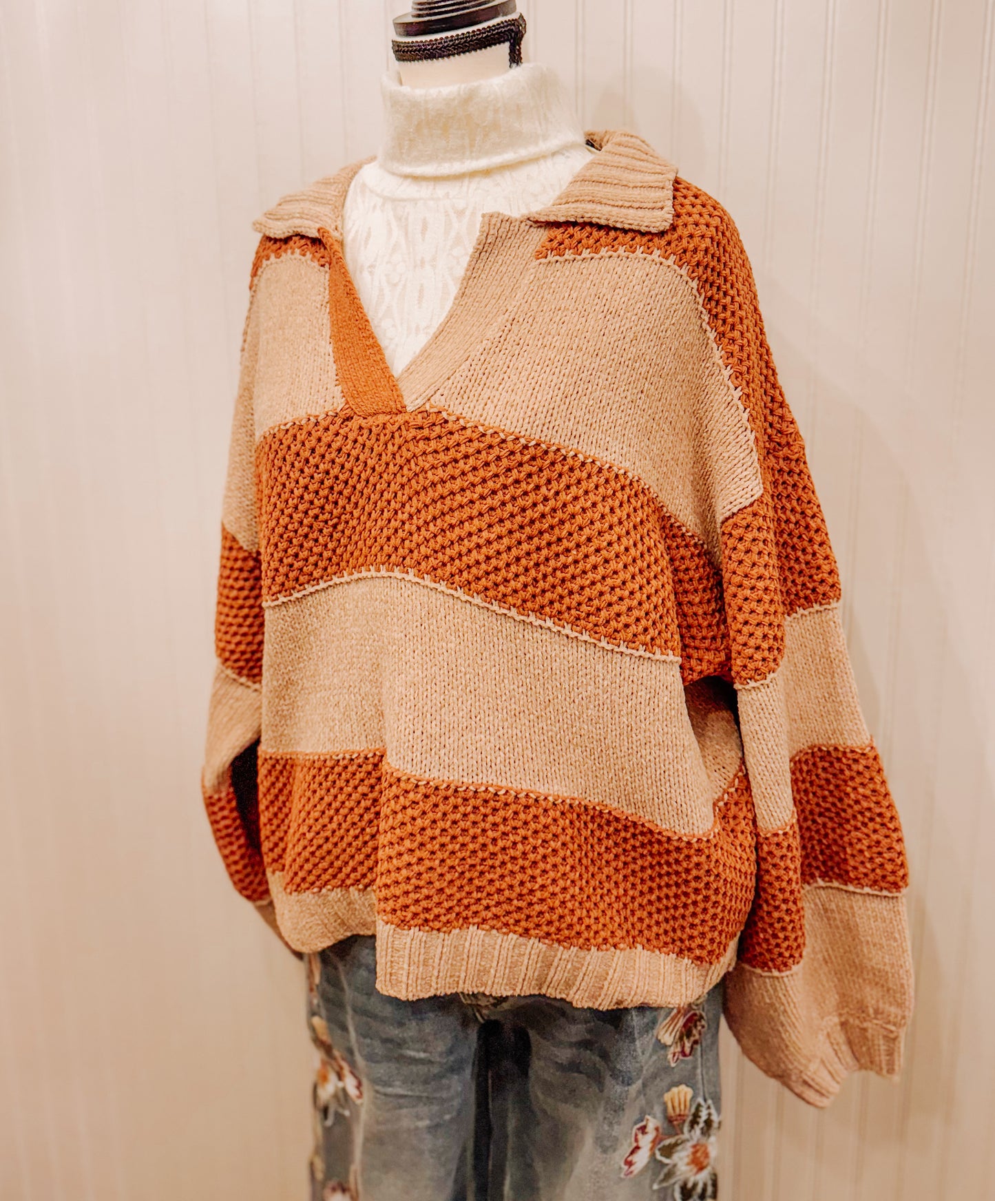 Miss Me crocheted stripe sweater with collar.