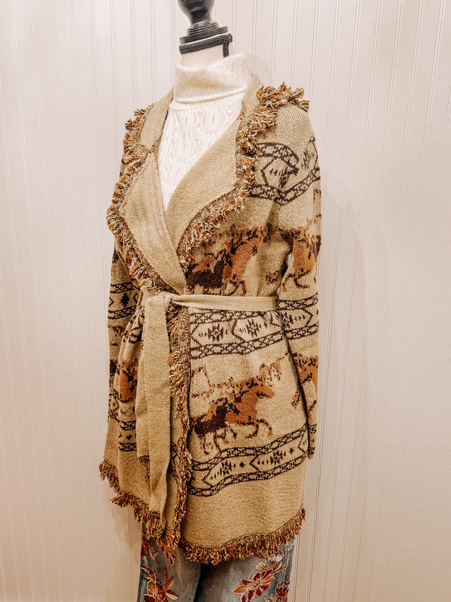Miss Me patterned sweater jacket with lapel.