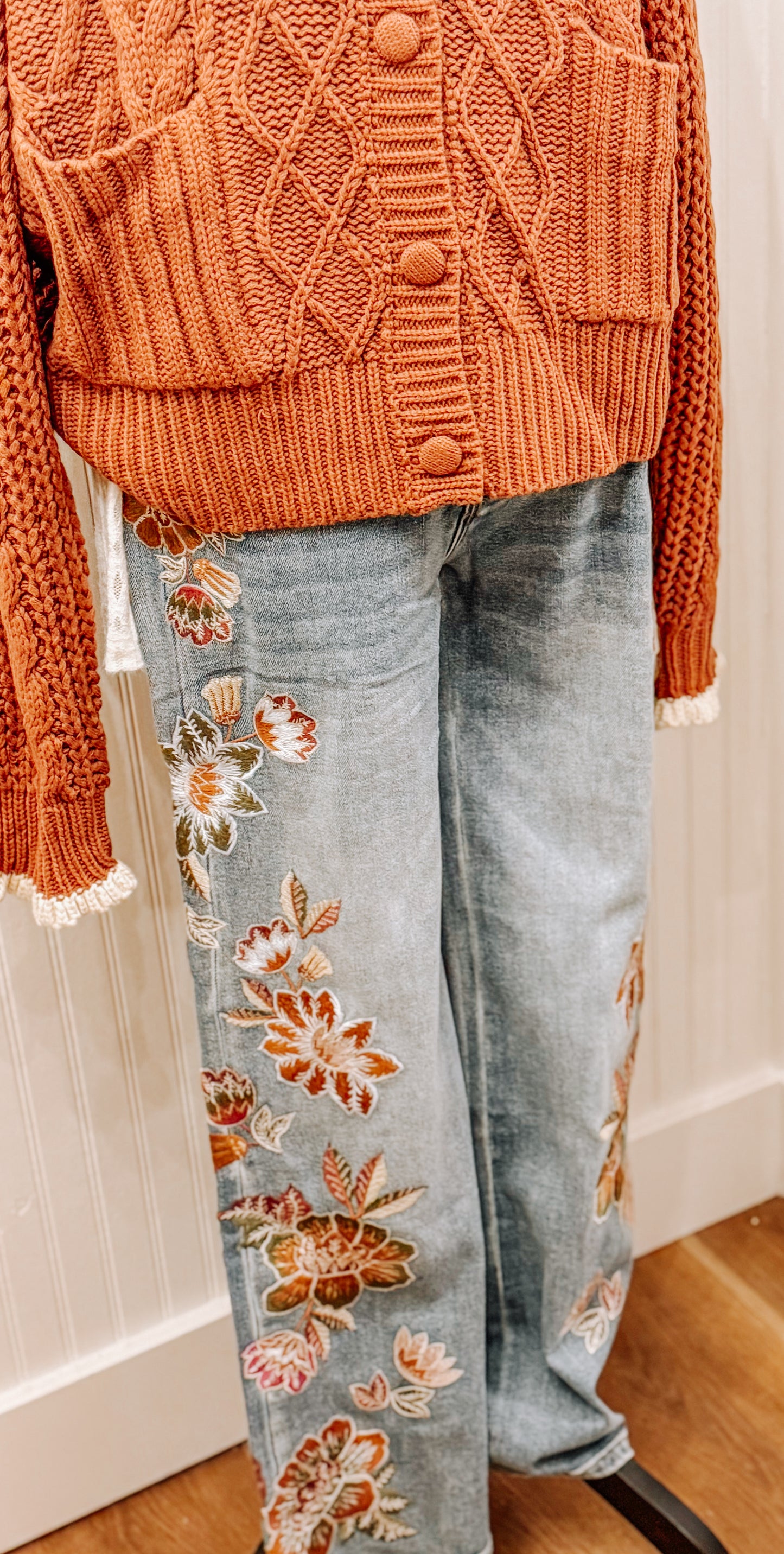 Beautiful embroidered denim jeans.