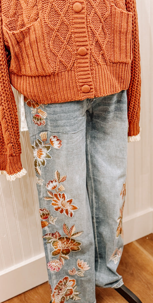 Beautiful embroidered denim jeans.