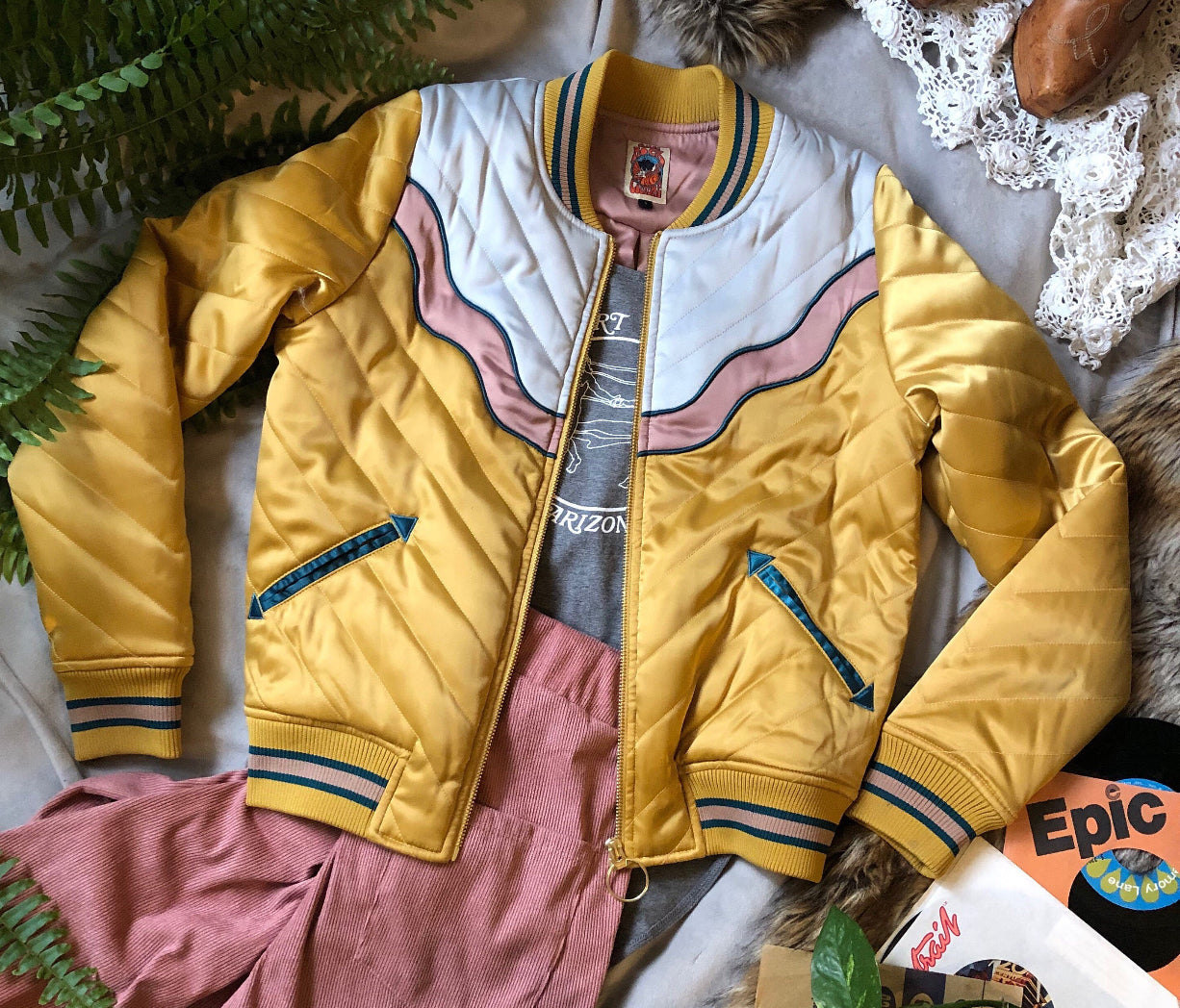 Classic Rock Couture bomber jacket in mustard.