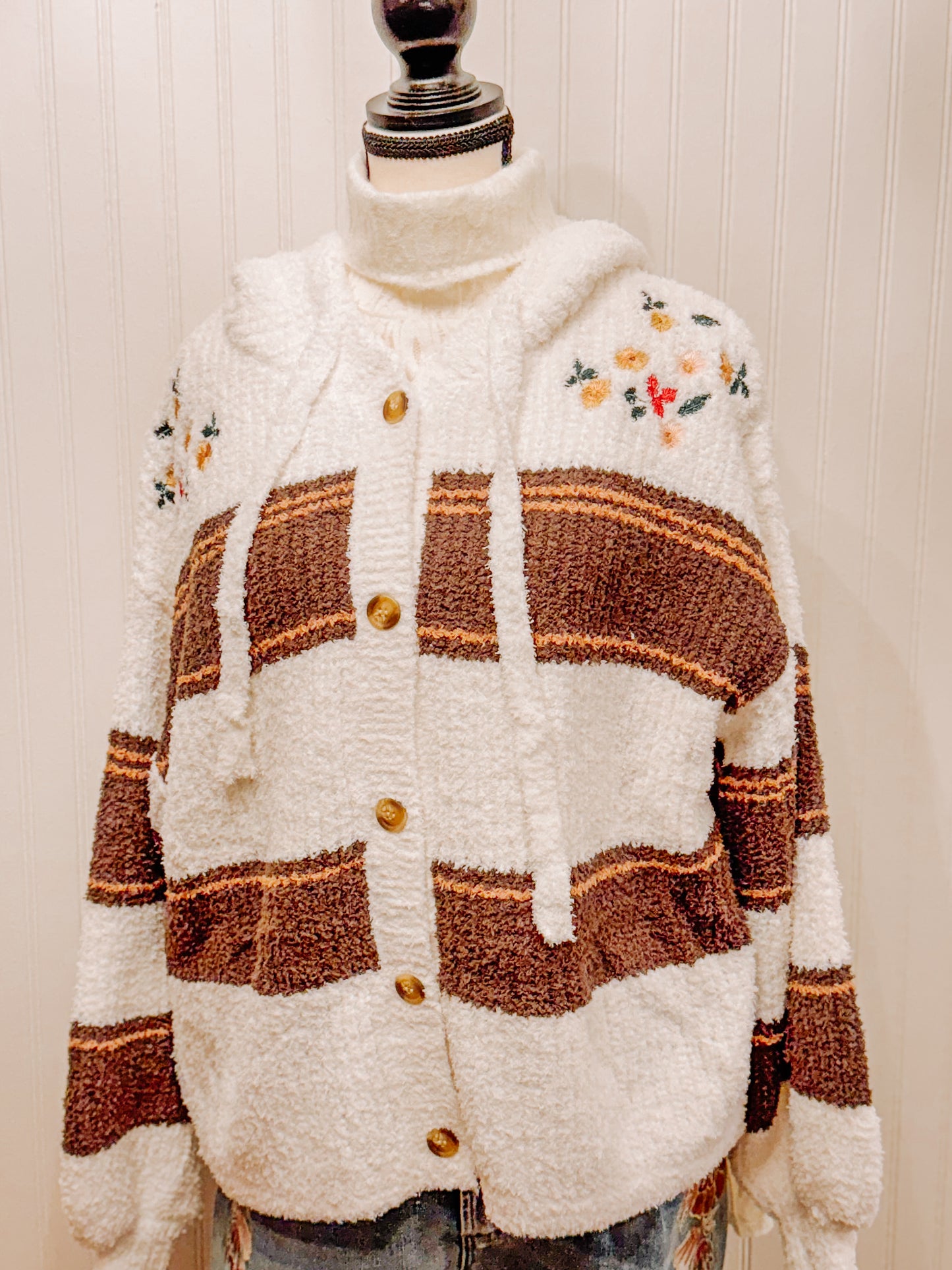 Floral embroidery patchwork cardigan.