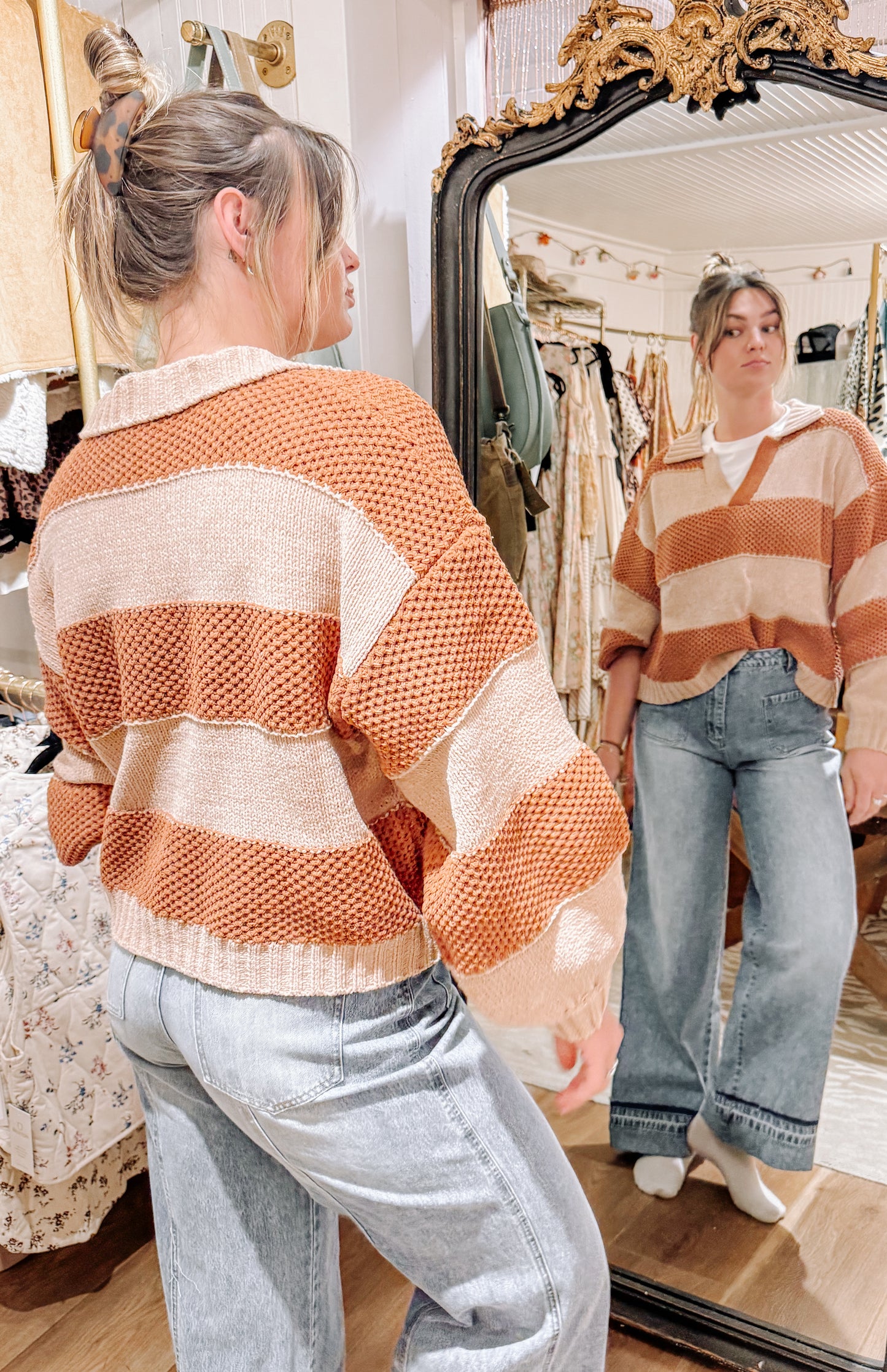 Miss Me crocheted stripe sweater with collar.