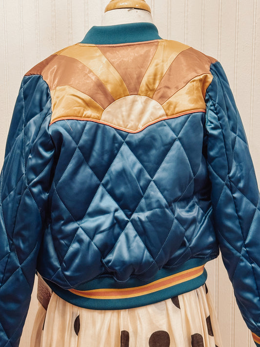 Classic Rock Couture bomber jacket in peacock teal.