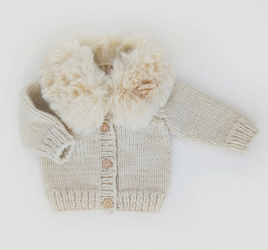 Natural color cardigan with faux fur collar. 2-3T