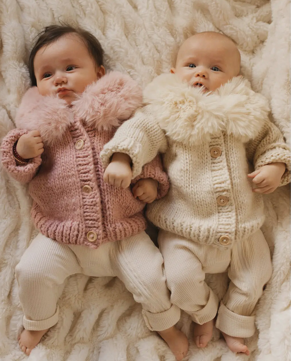 Natural color cardigan with faux fur collar. 12-18 months