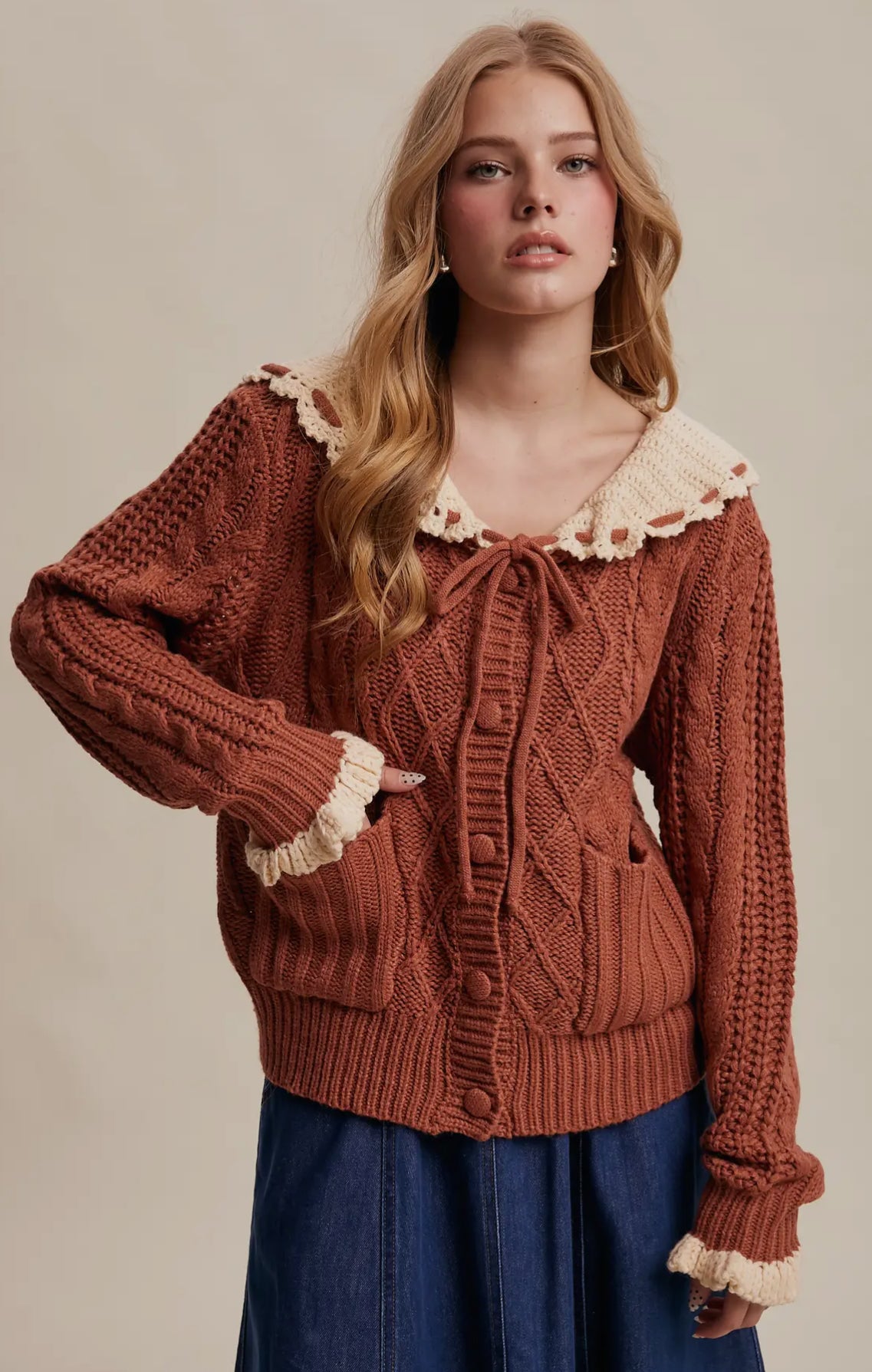 Terracotta Two tone crochet knit sweater.