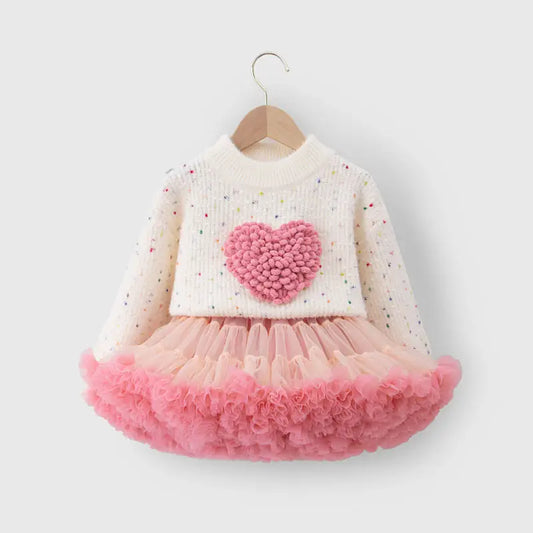 Valentine’s love heart set pullover sweater and tulle skirt. Size 6-7 year